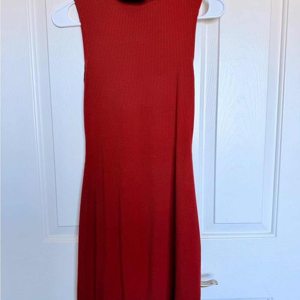 Reformation Sleeveless Ribbed Maxi Dress in Brick Red